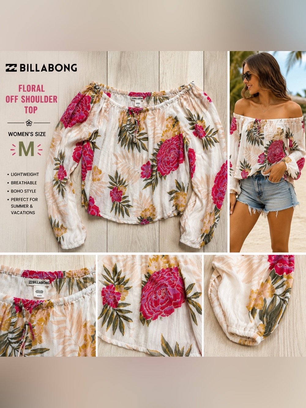 Billabong Floral Off Shoulder Peasant Top Women’s Medium Boho Tropical